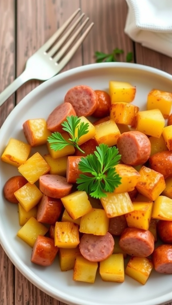 Crispy air fryer potatoes and sausage garnished with parsley on a rustic wooden table.